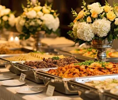Halal catering spread served at an event in Milton Keynes