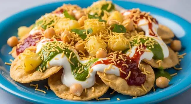 Papri chaat topped with chutney and yogurt