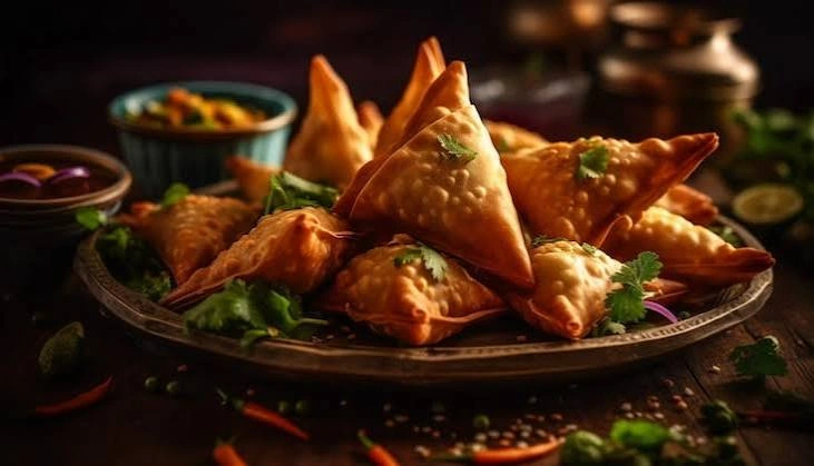 Triangular vegetable samosas on a platter