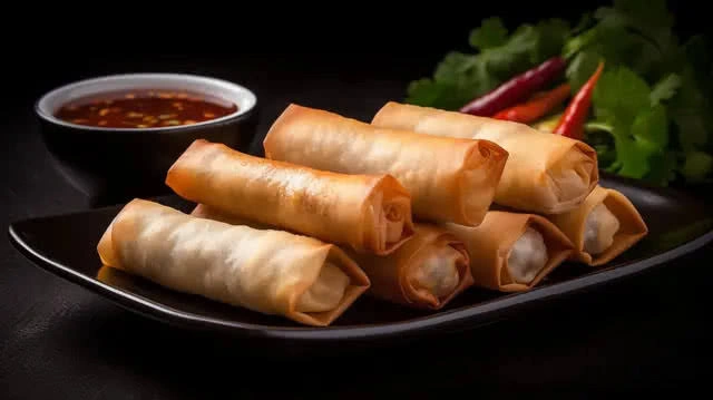 Fried lamb spring rolls sliced in half
