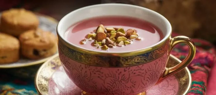 Cup of Kashmiri tea with nut garnish